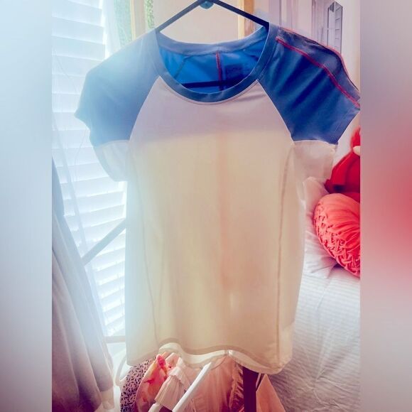 Lucky in Love Brand Blue and White Flutter Sleeve T-Shirt - Picture 2 of 7